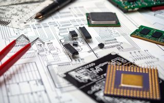 Electronic Components and Tools on an Engineering Blueprint for Circuit Board Design Image