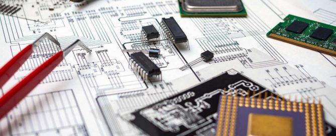 Electronic Components and Tools on an Engineering Blueprint for Circuit Board Design Image